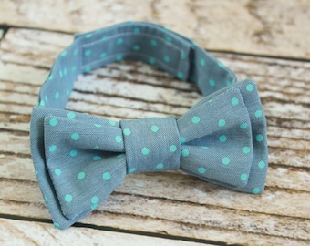 Handmade baby boys blue chambray dots adjustable bow tie