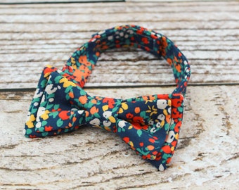 Handmade toddler boys teal multi abstract floral bow tie with adjustable strap