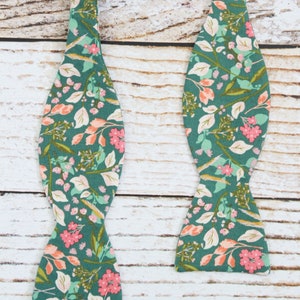 Handmade men's botanical self tie bow tie in teal green and coral image 3