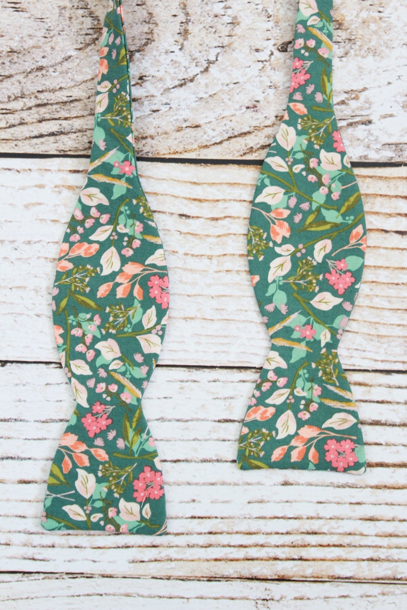 Handmade men's botanical self tie bow tie in teal green and coral image 3