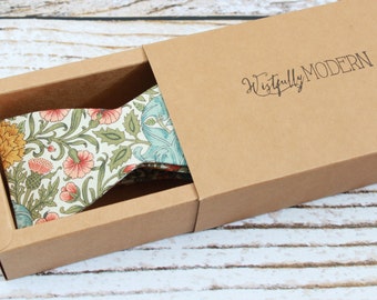 Handmade men's botanical floral bow tie in sage, mustard and french blue