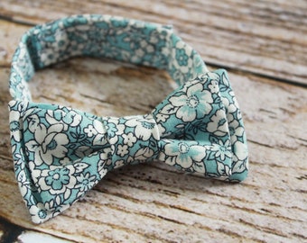 Handmade baby boys turquoise floral adjustable bow tie