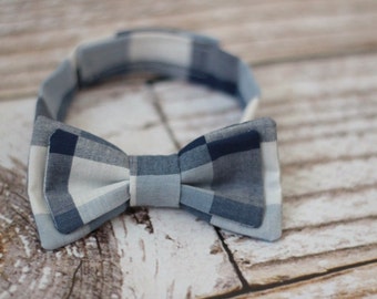 Handmade boys blues plaid cotton bow tie with adjustable strap