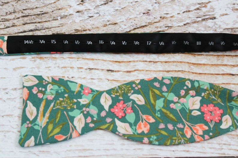 Handmade men's botanical self tie bow tie in teal green and coral image 4