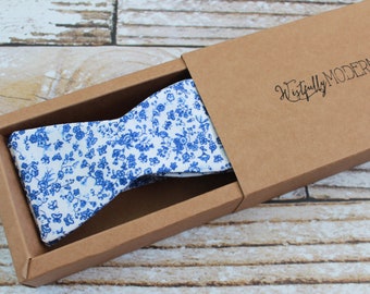 Handmade men's china blue floral self tie bow tie