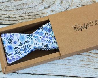 Handmade men's floral indigo blues self tie bow tie