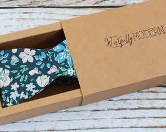 Handmade men's liberty floral self tie bow tie in muted slate gray, peachy pink and green