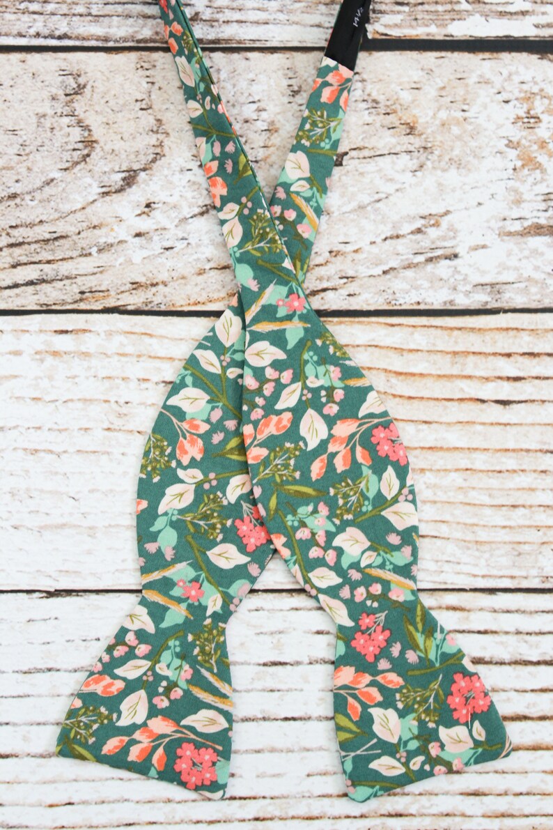 Handmade men's botanical self tie bow tie in teal green and coral image 2