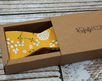 Handmade men's mustard floral self tie bow tie