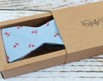 Handmade men's nautical anchors bow tie in red and blue