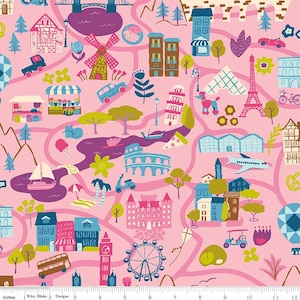 May include: Pink fabric featuring a travel-themed pattern with iconic landmarks such as the Eiffel Tower, Big Ben, and the Colosseum. The design also includes cars, boats, windmills, houses, trees, and a Ferris wheel. The fabric is measured in inches.