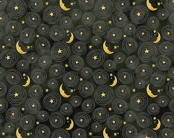 May include: Dark fabric with a repeating pattern of gold moons, stars, and dotted circles. The celestial design features crescent moons with smiling faces and five-pointed stars, set against a mottled black background. The fabric is marked with inches.