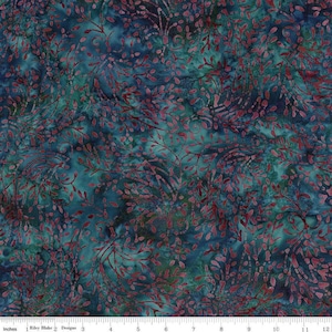 May include: A fabric with a batik design. The fabric features a teal and navy blue background with a pattern of red leaves and vines. The fabric is approximately 12 inches wide.