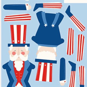 May include: A paper craft sheet featuring an Uncle Sam character with a top hat, blue jacket, and red vest, alongside separate arms and legs with red and white stripes. The light blue background includes the text Instructions in the top corner.