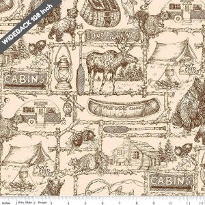 May include: Tan fabric with a brown sketched design featuring cabins, moose, bears, canoes, and camping gear. The text "WIDEBACK 108 Inch" is visible. Other text includes "CABINS", "GONE FISHING", "PINE GROVE CANOES", and "DON'T FEED BEARS".