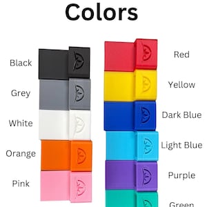 May include: Image shows 11 available colors of a product. The colors include black, grey, white, orange, pink, red, yellow, dark blue, light blue, purple, and green. Each color is displayed as a stacked set of two blocks.