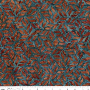 May include: A fabric featuring a repeating pattern of rust-coloured leaf shapes on a teal background. The leaves are arranged in a dense, overlapping design. The fabric is measured in inches.