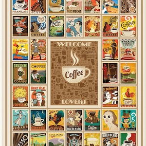May include: A rectangular fabric panel featuring a grid of vintage-style coffee advertisements surrounding a central block with the text Welcome Coffee Lovers and various coffee-related icons, all rendered in a warm, multi-colored palette.