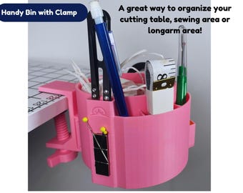 Handy Bin Organizer- Clamp on table Organizer for Quilting, Crafting, Cutting - Available in 11 Colors. Pinking Shears or large scissors