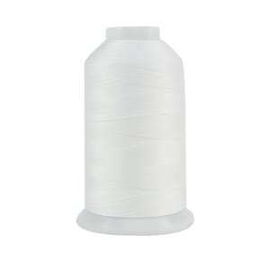 May include: A white thread spool, tightly wound and cylindrical. The thread is a bright white, and the spool has a rounded base and a slightly tapered top. Suitable for sewing, embroidery, or other textile crafts. The thread is measured in meters.