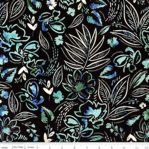 May include: Black fabric with a floral design. The pattern includes stylized flowers and leaves in teal, blue, and white. The flowers have a watercolour effect, and the leaves are outlined in white. The fabric is from Riley Blake Designs.