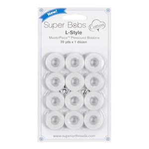 Super Bobs MasterPiece Cotton 70yd Prewound Bobbins 12ct L-Style Blanc 149-12-186
