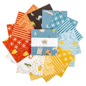 May include: A stack of square fabric swatches arranged in a fan pattern, featuring various prints in orange, yellow, blue, and white. The center band is white with the text Utah by Kelsey Carlson, featuring illustrations of seagulls, beehives, and landscapes.