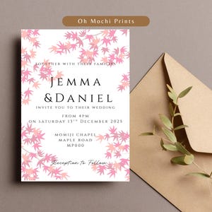 Fächerahorn Hochzeitseinladungsvorlage - Bearbeitbares Canva Design - Rosa Herbst Momiji einladen - Sofortiger Download - Oh Mochi Drucke