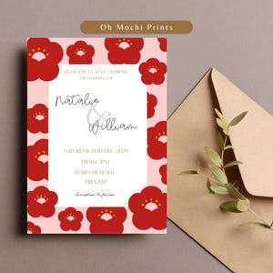 Bearbeitbare rote Kamelie Blumenhochzeitseinladungsvorlage von Oh Mochi Prints | Druckbare Leinwand | Moderne Klassik einladen | Sofort Download