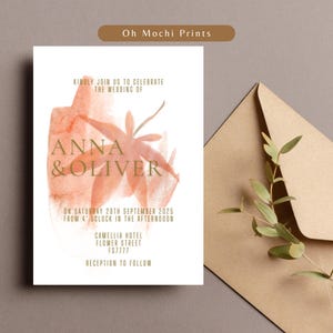 Aquarell Hochzeitseinladungsvorlage - Bearbeitbares Canva Design - Minimalistische Herbst Kamelie einladen - Sofortiger Download - Oh Mochi Drucke
