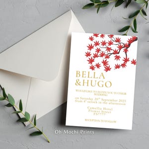 Japanische Momiji Hochzeitseinladung Vorlage | Rotes Ahornblatt Design | Bearbeitbare Canva Download | Oh Mochi Drucke | 5x7 einladen