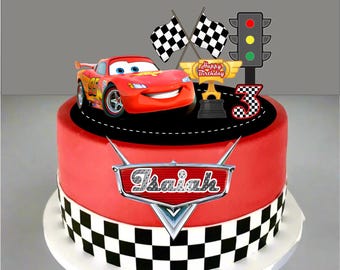 Cars cake topper/ Race Car Party with Flashing Traffic Light & Flags. Lightning McQueen LED Light Up Cake Topper | Personalized Cars