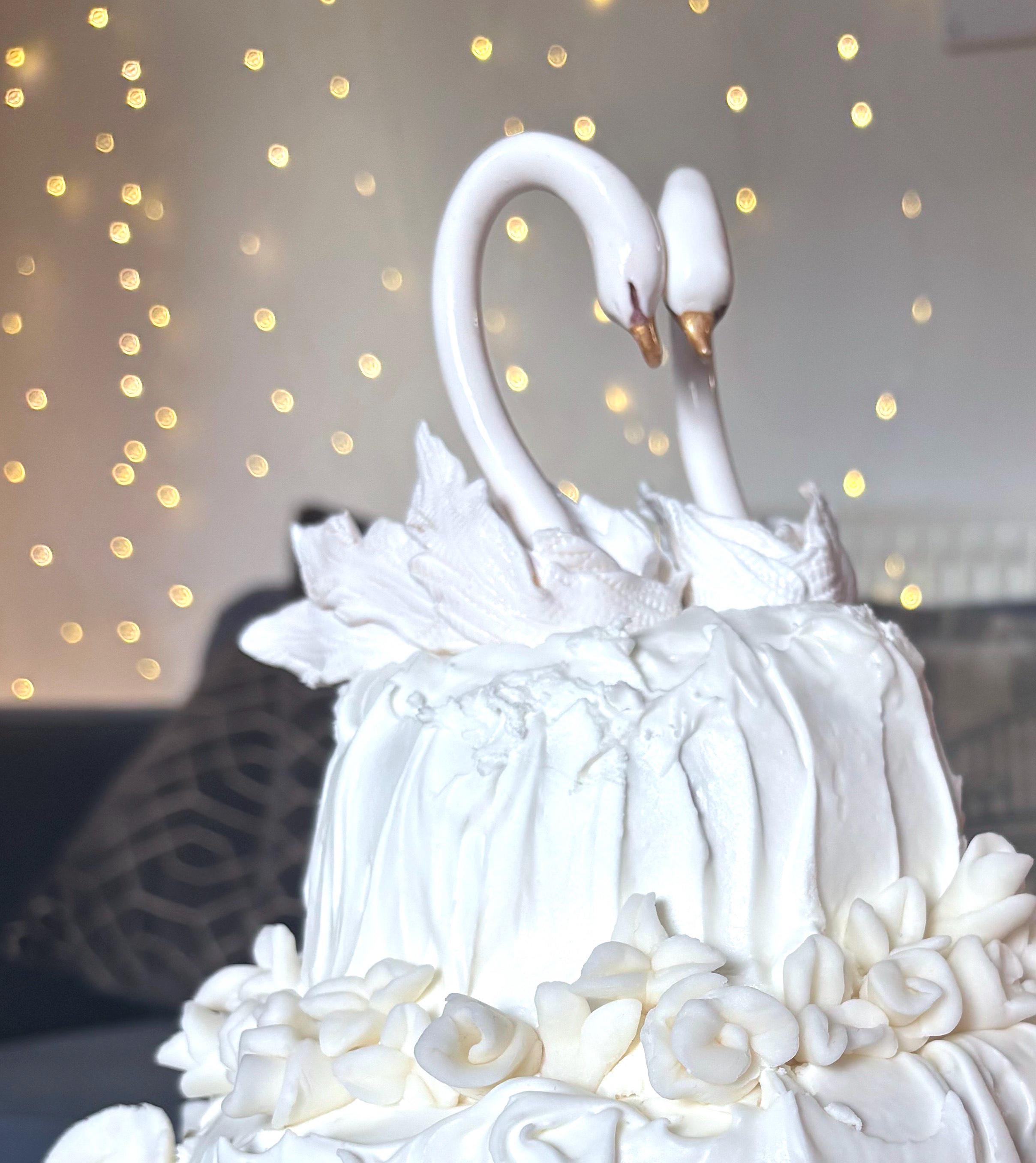 Swans Wedding Cake Topper - Artisanal White Clay Sculpture Baking and Party Decoration for Weddings