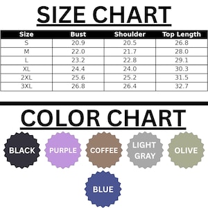 The image is a size chart and color chart for clothing items, including bust, shoulder, and top length measurements, along with color options such as black, purple, coffee, light gray, olive, and blue.