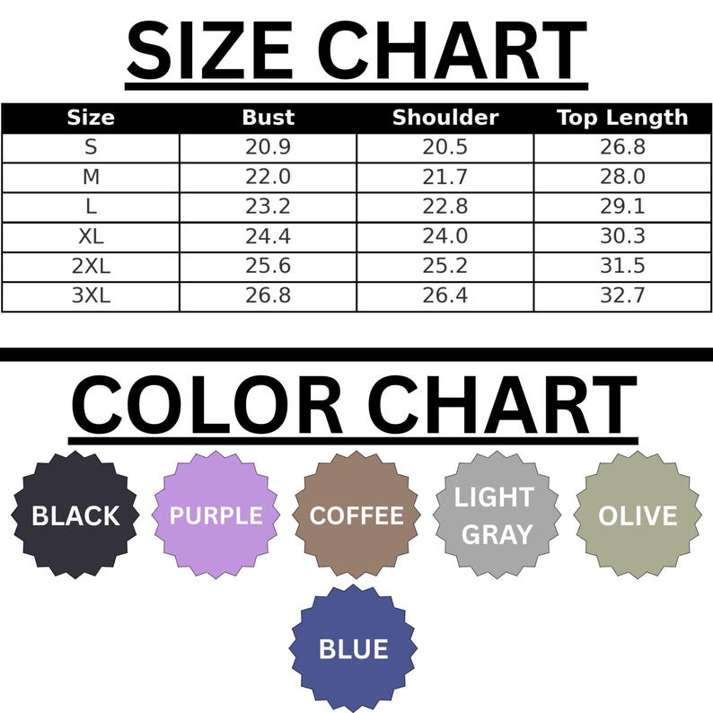 The image is a size chart and color chart for clothing items, including bust, shoulder, and top length measurements, along with color options such as black, purple, coffee, light gray, olive, and blue.