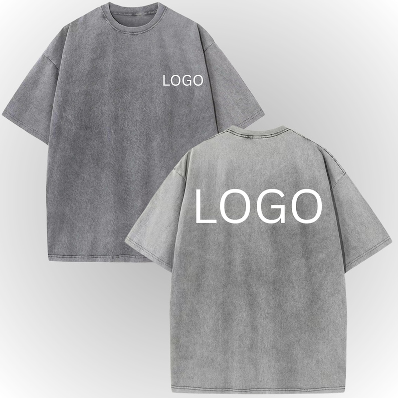 two gray t-shirts with the word "LOGO" printed on the back.