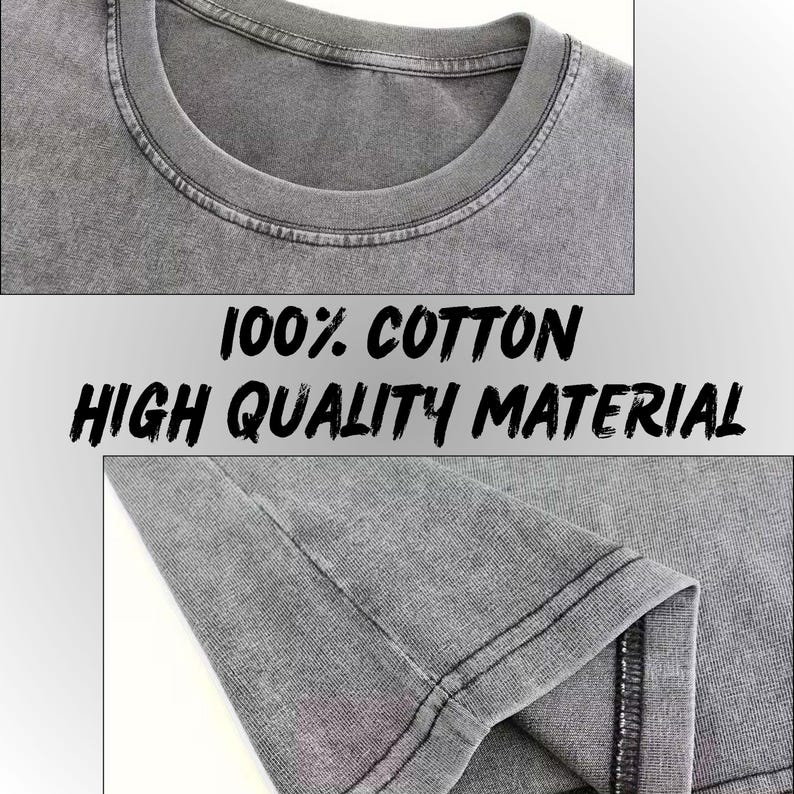 The image is a collage of two photos showing a gray cotton t-shirt. The text overlay on the image states "100% Cotton High Quality Material".