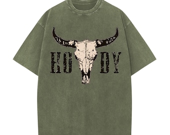 HowDy Shirt, Acid Wash Bull Skull Tee, Western Cowboy T Shirt, Vintage Rodeo Graphic, Gift for Him