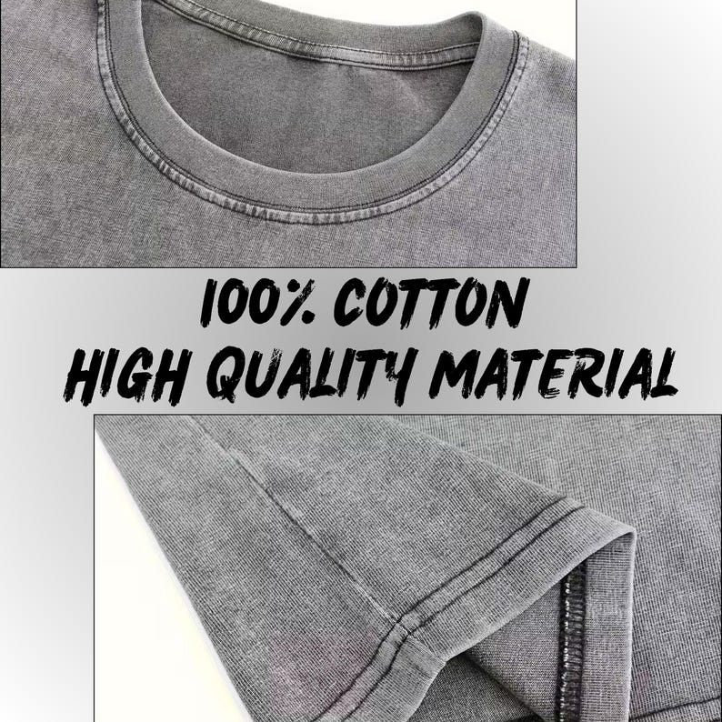 The image is a collage of two photos showing a gray cotton t-shirt. The text overlay on the image states "100% COTTON HIGH QUALITY MATERIAL".