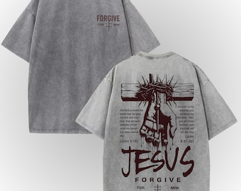 Camiseta "Jesús perdona", camiseta cristiana con lavado ácido, camiseta vintage de fe, gráfico de la cruz de Jesús, ropa de calle religiosa