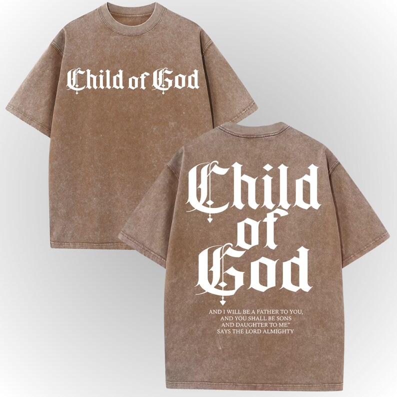 a brown t-shirt with the text "Child of God" printed on it in a Gothic font.