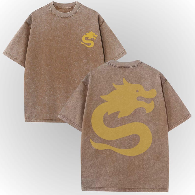 a brown t-shirt with a yellow dragon design on the back.