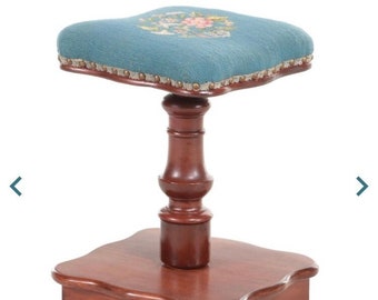 Empire Style Needlepoint-Upholstered Cherry Finish Piano Stool