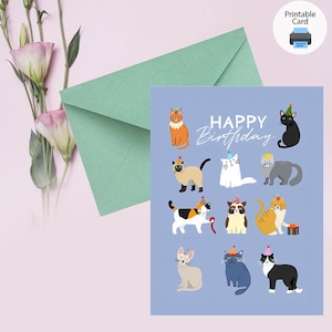 Carte d'anniversaire chat colorée - Jolie carte de voeux imprimable pour les amoureux des chats, téléchargement numérique, cadeau amusant d'un propriétaire de chat ou pour celui-ci