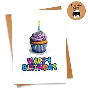 Happy Birthday Card - DIGITAL Download - Printable Birthday Card Featuring Colorful Cupcake - Printable Happy Birthday Card - Printable Card