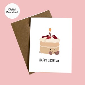 Cartão de feliz aniversário para impressão com bolo de aniversário, cartão digital inspirado em JellyCat, personagem fofo de bolo com vela, download instantâneo