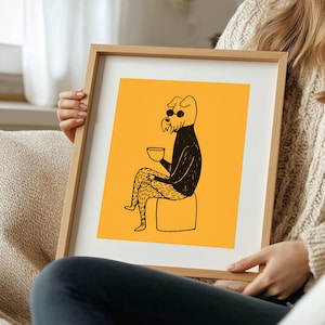 Arte mural divertido de perro, regalo para amantes del café, impresión artística de perro con gafas de sol y café, póster de perro hipster para bar en dormitorio, impresión artística de cocina, impresión digital
