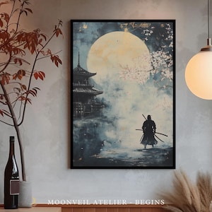 1000-Piece Puzzle  Samurai Under Full Moon with Cherry Blossoms, Traditional Japanese Temple and Misty Night Scene