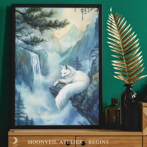 Mystische Fuchs Natur Poster - Gelassene Fantasy Kunstdruck, ruhige Wald Wand Dekoration, Geschenk für Tierliebhaber, gemütliches und beruhigendes Zuhause Ästhetik