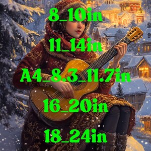 Digital Download Poster – Printable Wall Art,Printable Winter Fantasy Poster – Girl with Guitar in Snowy Town